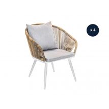 Jardiline - Lot de 4 Fauteuil de jardin en résine tressée structure alu blanc + coussin chiné gris/beige Maldives Beige Dimensions (L x l x H):60 x 63