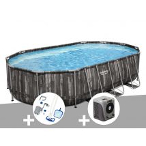 Bestway - Kit piscine tubulaire ovale Power Steel décor bois 6,10 x 3,66 x 1,22 m + Kit d'entretien Deluxe + Pompe à chaleur Gris, en PVC - Garantie