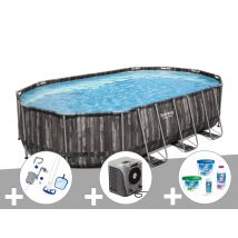 Bestway - Kit piscine tubulaire ovale Power Steel décor bois 6,10 x 3,66 x 1,22 m + Kit de traitement au chlore + Kit d'entretien Deluxe + Pompe à ch