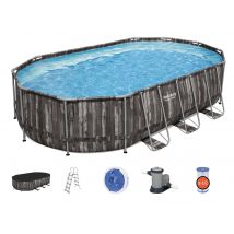Bestway - Piscine tubulaire Power Steel décor bois ovale 6,10 x 3,66 x 1,22 m Gris, en PVC - Garantie 2 ans - Installation Piscinéco sur Demande