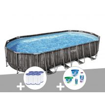 Bestway - Kit piscine tubulaire ovale Power Steel décor bois 7,32 x 3,66 x 1,22 m + 6 cartouches de filtration + Kit de traitement au chlore - Instal