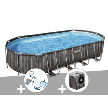 Bestway - Kit piscine tubulaire ovale Power Steel décor bois 7,32 x 3,66 x 1,22 m + Kit d'entretien Deluxe + Pompe à chaleur Gris, en PVC - Garantie