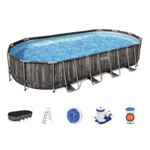 Bestway - Piscine tubulaire Power Steel décor bois ovale 7,32 x 3,66 x 1,22 m Gris, en PVC - Garantie 2 ans - Installation Piscinéco sur Demande