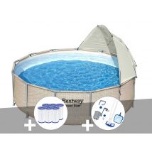 Bestway - Kit piscine tubulaire ronde Power Steel 3,96 x 1,07 m + 6 cartouches de filtration + Kit d'entretien Deluxe Beige, en PVC - Garantie 2 ans
