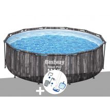 Bestway - Kit piscine tubulaire ronde Steel Pro Max décor bois 3,66 x 1,00 m + Kit d'entretien Deluxe Gris, en PVC - Garantie 2 ans - Installation Pi