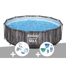 Bestway - Kit piscine tubulaire ronde Steel Pro Max décor bois 3,66 x 1,00 m + Kit de traitement au chlore + Kit d'entretien Deluxe - Installation Pi