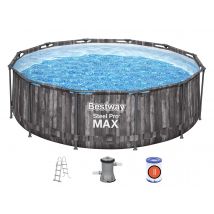 Bestway - Piscine tubulaire Steel Pro Max décor bois ronde 3,66 x 1,00 m Gris, en PVC - Garantie 2 ans - Installation Piscinéco sur Demande