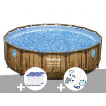 Bestway - Kit piscine tubulaire ronde Power Steel avec hublots 4,88 x 1,22 m + 6 cartouches de filtration + Kit d'entretien Deluxe Marron , en PVC -