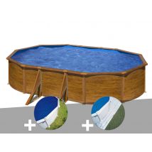 Gre - Kit piscine acier aspect bois Gré Pacific ovale 6,34 x 3,99 x 1,22 m + Bâche à bulles + Tapis de sol Bois, en Acier