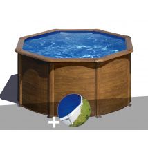 Gre - Kit piscine acier aspect bois Gré Pacific ronde 2,60 x 1,22 m + Bâche à bulles Bois, en Acier