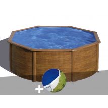 Gre - Kit piscine acier aspect bois Gré Pacific ronde 3,70 x 1,22 m + Bâche à bulles Bois, en Acier