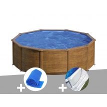 Gre - Kit piscine acier aspect bois Gré Sicilia ronde 4,80 x 1,22 m + Bâche à bulles + Tapis de sol Marron, en Acier - Garantie 4 ans