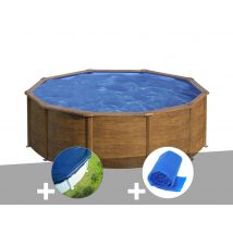 Gre - Kit piscine acier aspect bois Gré Sicilia ronde 3,20 x 1,22 m + Bâche hiver + Bâche à bulles Marron, en Acier - Garantie 4 ans
