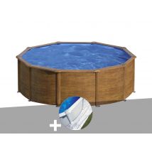 Gre - Kit piscine acier aspect bois Gré Sicilia ronde 4,80 x 1,22 m + Tapis de sol Marron, en Acier - Garantie 4 ans