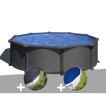 Gre - Kit piscine acier gris anthracite Gré Juni ronde 3,70 x 1,32 m + Bâche d'hivernage + Bâche à bulles Anthracite, en Acier - Garantie 2 ans