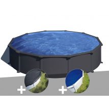 Gre - Kit piscine acier gris anthracite Gré Juni ronde 5,70 x 1,32 m + Bâche d'hivernage + Bâche à bulles Anthracite, en Acier - Garantie 2 ans