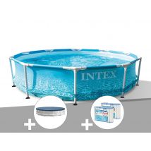 Intex - Kit piscine tubulaire Metal Frame Ocean ronde 3,05 x 0,76 m + Bâche de protection + 6 cartouches de filtration Bleu, en PVC - Garantie 2 ans