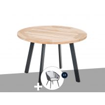 Jardiline - Table de jardin ronde en bois teck Ø 105 cm Cocos + 4 fauteuils en résine tressée Comores Beige Dimensions (Ø x H):105 x 72,5 cm Extensibl