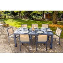 Jardiline - Table rectangulaire extensible Santorin 8/10 personnes en aluminium finition uni gris-bleuté avec 10 fauteuils Bleu Dimensions (L x l x H)