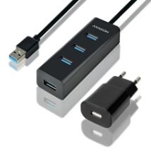 3.0 USB-A -hubi bundle, 4x USB-A, lisävirralla, virta-adapteri + 1,5m -kaapeli, musta