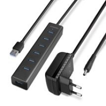 7-porttinen 3.2 Gen1 USB-A -hubi bundle, lisävirralla, virta-adapteri+1,5m -kaapeli, musta