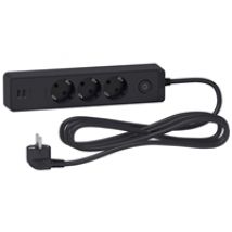 Unica System+ jatkojohto, 3x schuko + 2x USB, 3m, musta