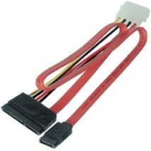 SATA-virta 15+7-pin -> 4+7-pin, 15cm+34cm, punainen