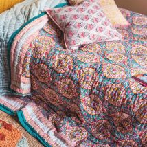 Ian Snow Floral Block Print Quilt - 220cm x 270cm