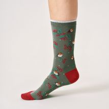Thought Christmas Tree Robin Organic Cotton Socks Hanging Gift Box - Eucalyptus Green - UK4-7