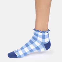 Thought Gingham Organic Cotton Frill Ankle Socks - French Blue - UK4-7