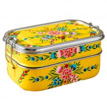 Dalit Hand-Painted Stainless Steel Tiffin-Style Lunchbox - Yellow Floral Garland