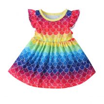 Robes pour petites filles, à volants, manches volantes, imprimé, longueur aux genoux, robe trapèze