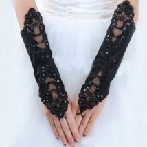 MISSKY femmes gants solide noir couleur robe de mariée correspondant gants sans doigts Satin dentelle gants pour femme