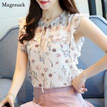 Hauts sans manche pour les femmes été chemise imprimer col en v grande taille en mousseline de soie Blouse femmes décontracté ample femmes chemises Blusas 0026 30