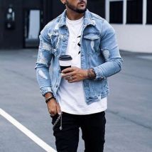 Hommes veste en jean trou déchiré hommes manteau Moto Biker hommes veste en jean poches Chaquetas Hombre jean lavé Bomber veste