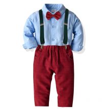 Ensemble 2 pièces chemise à nœud papillon + pantalon à bretelles, tenue pour bébé garçon, tenue pour enfant, tenue de fête de mariage