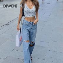 DIWEINI déchiré jean décontracté street wear femmes Denim pantalon mujer taille haute était mince pantalon droit basique Hip hop pantalon