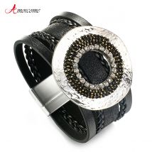 Amorcome-Bracelets en métal, gros breloque rond en cuir, large enroulé, à la , bijoux , Bracelets pour femme