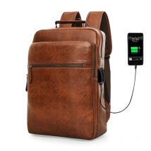 Sac à dos en cuir PU pour hommes, sac de voyage de grande capacité avec chargeur USB, sac à dos étanche pour école et collège