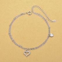 Argent plaqué bracelets de cheville 925 argent Double chaîne bracelets de cheville strass coeur bracelets de cheville femmes filles pied pieds nus jambe bijoux