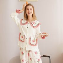 XIFER printemps et automne modèles ludique mignon pêche imprimé coton pyjamas femmes Double couche coton costume à la maison