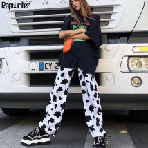 Rapwriter décontracté élastique taille haute lait vache impression Pantalon femmes été droit ample Pantalon chaleur Pantalon Femme Pantalon