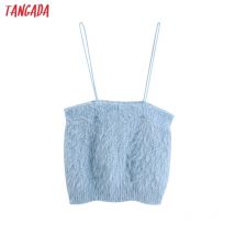 Tangada femmes bleu tricoté recadrée débardeur Vintage dos nu fines bretelles élastiques femme Camis Chic haut BE159