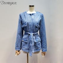 Femmes manteau évider pansement à manches longues Denim manteaux vestes femmes col rond trou Denim vestes