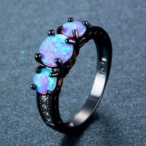 Exquise femme ronde bleu feu opale anneau noir or rempli anneaux de mariage pour les femmes Vintage bijoux