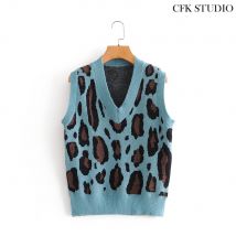 Za-gilet pour femmes, pull-over, débardeur sans manches imprimé léopard, ample, bleu tricoté, Top