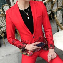 Rouge costume manteaux fleurs hommes Blazer Slim Fit mariage scène hommes costumes vestes mâle fleurs un bouton vêtements blazers