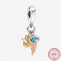 Breloques en argent Sterling 925, breloques en forme de plume d&#39;oeil Hamsa, spirituel, adaptées aux Bracelets de perles originales, collier à faire soi-même