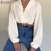 revers chemises femmes bouton Blouse ZANZEA printemps manches longues travail Blusas femme solide tunique grande taille hauts S-5XL