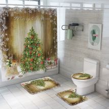 Rideau de douche imprimé pour arbre de noël | 4 pièces, rideau de douche, tapis de toilette, rideau de salle de bains avec crochets, A30910